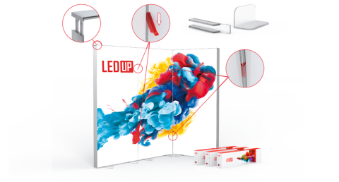 LEDUP Leuchtwand mit hochwertiger OSRAM LED Technik und Stecksystem Visualisierung der LEDUP Leuchtwand mit farbigem Motiv und markierten Steckpunkten des patentierten Systems