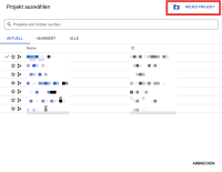 Screenshot der Google Cloud Console mit hervorgehobener Schaltfläche „NEUES PROJEKT“ zum Erstellen eines neuen Projekts