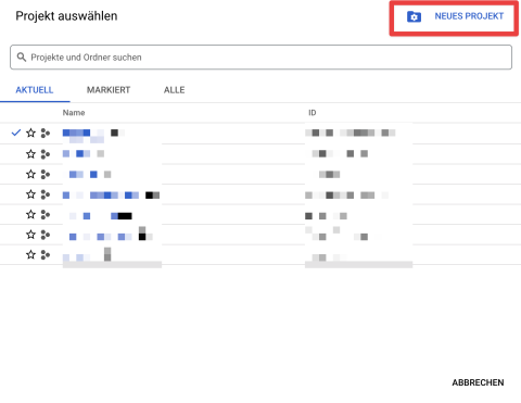 Screenshot der Google Cloud Console mit hervorgehobener Schaltfläche „NEUES PROJEKT“ zum Erstellen eines neuen Projekts