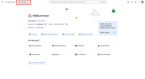 Screenshot zeigt das geöffnete Projektwahlmenü in der Google Cloud Console zur Auswahl eines bestehenden Projekts oder zum Erstellen eines neuen Projekts