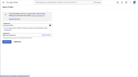 Projektname in der Google Cloud vergeben und neues Projekt erstellen