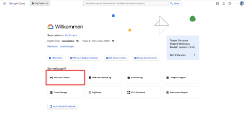 Screenshot der Google Cloud Console mit markiertem Bereich „APIs und Dienste“, über den die Google Maps API aktiviert werden kann