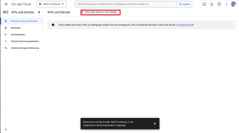 Screenshot der Google Cloud Console Startseite mit hervorgehobener Kachel 