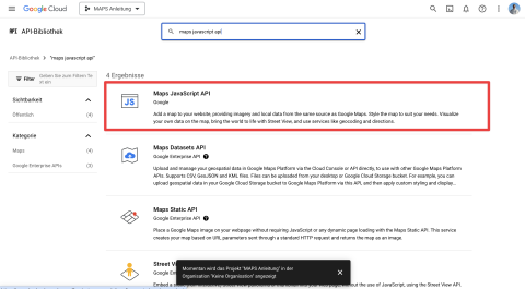 Screenshot des Suchfelds in der API-Bibliothek der Google Cloud Console mit Treffer für 