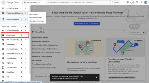 Screenshot der Google Cloud Console mit hervorgehobenem Menüpunkt „Abrechnung“ zum Hinzufügen von Zahlungsdaten für die Google Maps API