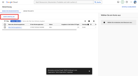 Screenshot zeigt, wie man im Google Cloud Menü den Bereich „Abrechnung“ auswählt, um ein Abrechnungskonto zu erstellen.
