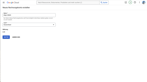 Formularmaske zur Erstellung eines neuen Abrechnungskontos in der Google Cloud mit Eingabefeldern für Name und Währung