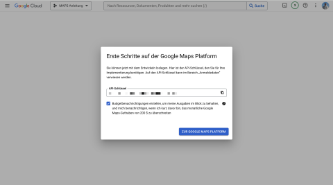 Screenshot aus der Google Cloud Console, der den generierten API-Key und die Schaltfläche „Zur Google Maps Platform“ zeigt