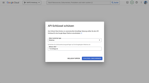 Screenshot zur Einschränkung eines Google Maps API-Schlüssels auf eine bestimmte Website mittels Referrer-URL