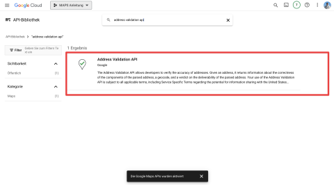 Screenshot der Google Cloud Console mit hervorgehobener „Adress Validation API“ – notwendig für die Adressprüfung im IndiceCMS Maps Modul