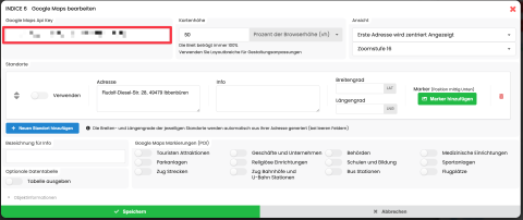Screenshot des IndiceCMS Google Maps Moduls mit eingegebenem API-Schlüssel und Kartenoptionen