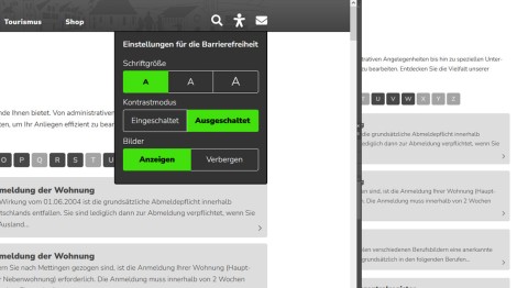 Einstellungsmenü für Barrierefreiheit auf der Webseite der Gemeinde Mettingen Bedienfeld mit Auswahlmöglichkeiten zur Schriftgröße, zum Kontrastmodus und zur Bildanzeige auf der barrierefreien Gemeindeseite Mettingen