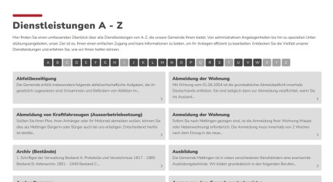 Bürgerfreundliche Website-Struktur der Gemeinde Mettingen mit alphabetischer Dienstleistungsübersicht Screenshot der alphabetisch sortierten Online-Dienstleistungen der Gemeinde Mettingen mit erläuterndem Text zur Nutzerfreundlichkeit
