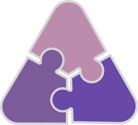 Drei Puzzleteile symbolisieren die Komponenten von Digital Signage. Grafik mit drei zusammengesetzten Puzzleteilen in Lila, die Digital Signage Hardware, Software und Inhalte darstellen.