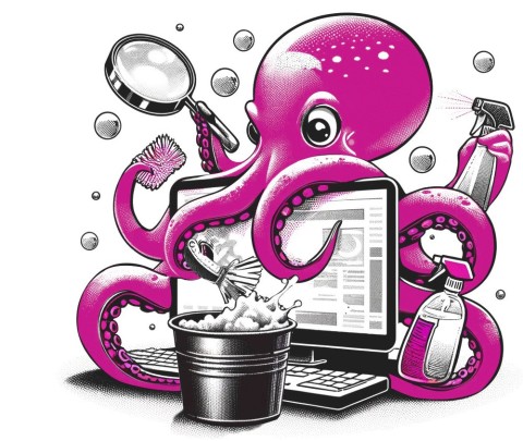 Comic-Illustration eines pinken Oktopus, der mit mehreren Armen einen Computerbildschirm putzt, Reinigungsutensilien hält und eine Lupe benutzt.