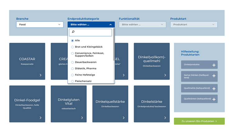 Screenshot des interaktiven Produktfinder-Moduls mit vier Filtern (Branche, Endproduktkategorie, Funktionalität, Produktart) zur schnellen Auswahl von Produkten auf der Unternehmenswebseite
