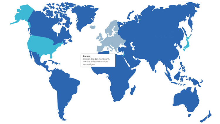 Weltkarte mit farblich markierten Ländern, in denen Ansprechpartner verfügbar sind – per Klick werden die Kontaktdaten angezeigt