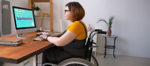 Barrierefreie Internetpräsenz nach dem BFSG-Gesetz ab Juni 2025. Frau im Rollstuhl arbeitet am Computer mit barrierefreiem Onlineshop auf dem Bildschirm.