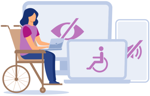 Frau im Rollstuhl mit Laptop vor Symbolen für Barrierefreiheit und digitale Zugänglichkeit. Illustration einer Frau im Rollstuhl vor Symbolen wie durchgestrichenes Auge, Rollstuhlzeichen und durchgestrichener Lautsprecher als Hinweis auf digitale Barrieren.