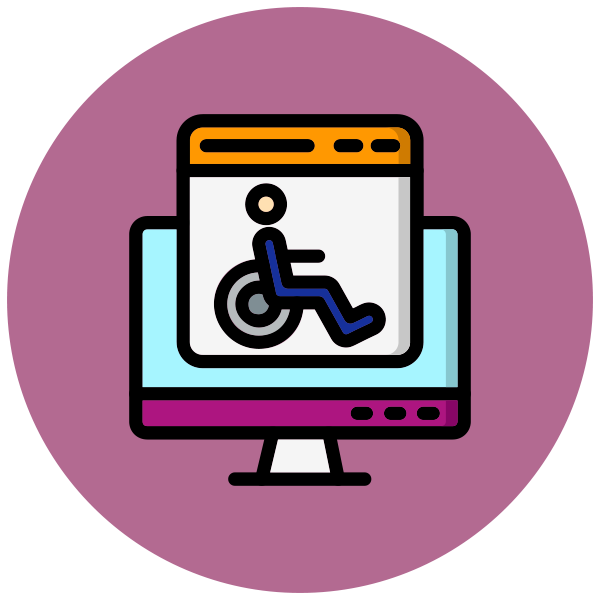 Symbol für Barrierefreiheit im Internet auf einem Computerbildschirm. Illustration eines Rollstuhls auf einem Monitor als Symbol für digitale Barrierefreiheit.