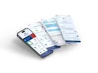 Vier moderne Smartphones mit geöffneter App der Wrocklage Werbewerkstatt, die Funktionen wie Zeiterfassung, Intranet, Ticket & Chat sowie Datenschutzeinstellungen zeigen.