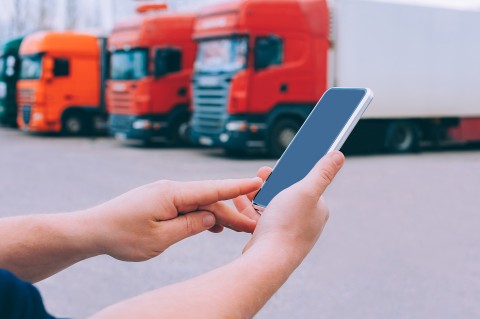 Person nutzt Logistik-App auf Smartphone, mehrere rote Lastwagen im Hintergrund auf Speditionsgelände