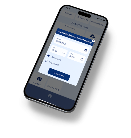 Smartphone mit geöffneter App zur manuellen Arbeitszeiterfassung, Bildschirm zeigt Datum, Uhrzeit und Optionen für Anwesenheit und Pausen, für Bauunternehmen konzipiert.