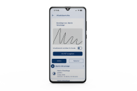 Smartphone zeigt App-Ansicht eines digitalen Tagesarbeitsberichts mit Unterschrift, Zeit- und Materialerfassung sowie PDF-Exportoption.
