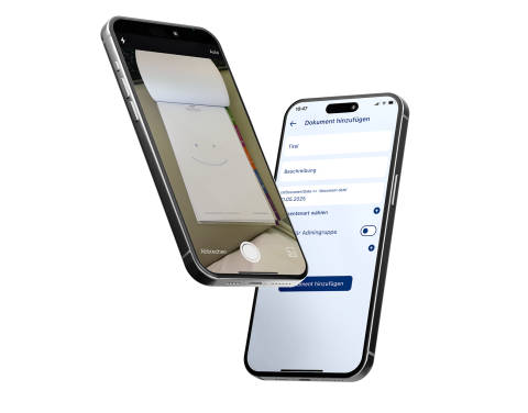 Einheitliche Dokumentenstruktur mit aktuelle Plänen und Nachweisen, jederzeit verfügbar - in der Wrocklage App. Smartphones mit geöffneter App zur Dokumentenerfassung und digitaler Ablage, Einsatz im Bauunternehmen zur Erfassung von Papierdokumenten.