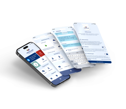 Vier moderne Smartphones mit geöffneter App der Wrocklage Werbewerkstatt, die Funktionen wie Zeiterfassung, Intranet, Ticket & Chat sowie Datenschutzeinstellungen zeigen.