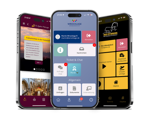 Unsere digitale Lösungen mit individuellen Apps für Ihr Unternehmen. Drei Smartphones mit Apps für St. Agatha Mettingen, Wrocklage Werbewerkstatt Ibbenbüren und HGD Strauss Ibbenbüren, Symbol für maßgeschneiderte digitale Lösungen und Kommunikation.