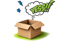 Comic-Zeichnung eines offenen Kartons, aus dem eine Gedankenblase mit „YESS!!“ aufsteigt, dazu Blitze und Sterne.