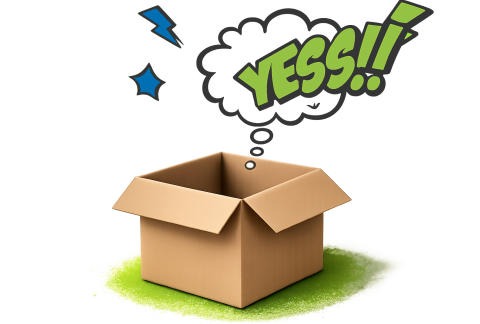 Comic-Zeichnung eines offenen Kartons, aus dem eine Gedankenblase mit „YESS!!“ aufsteigt, dazu Blitze und Sterne.