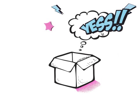 Think outside the box – kreative Ideen entfalten sich. Comic-Zeichnung eines offenen Kartons, aus dem eine Gedankenblase mit „YESS!!“ aufsteigt, dazu Blitze und Sterne.