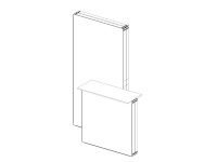 Skizze eines kompakten Messestands mit einzelner Rückwand und kleiner Theke