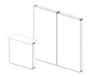 Skizzenhafte Darstellung eines rechteckigen Messestands mit zweiteiliger Rückwand und Theke