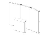 Skizze eines Messestands mit breiter Rückwand und zentral platzierter Theke