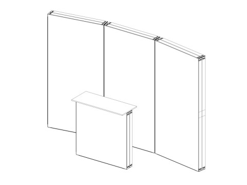 Skizze eines Messestands mit breiter Rückwand und zentral platzierter Theke