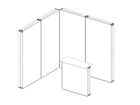 Skizze eines Eck-Messestands mit Rück- und Seitenwand sowie einer Theke