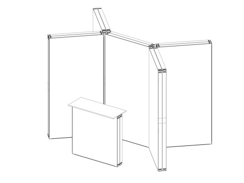 Skizzenhafte Darstellung eines Eck-Messestands mit Rückwand und Theke