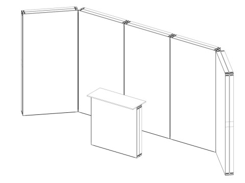 Zeichnung eines rechteckigen Messestands mit durchgehender Rückwand und Theke