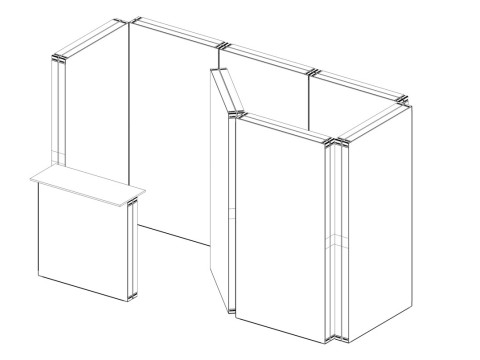 Skizze eines Eck-Messestands mit Rückwand, Seitenwand und Theke im Vordergrund