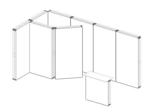 Skizze eines Messestands mit abgewinkelter Rückwand und Theke auf der rechten Seite