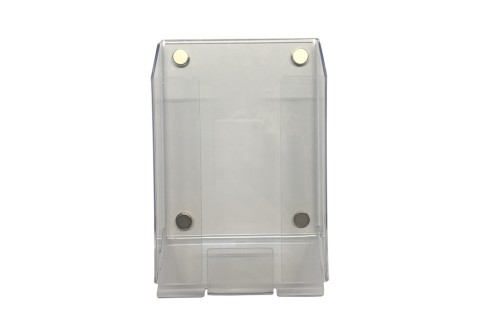 Transparenter Acrylaufsteller mit vier goldenen Magneten an den Ecken