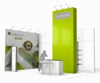 Messestand von beMatrix mit grünem Designelement Messestand mit beMatrix Logo, grüne Säule, Tische und Stühle