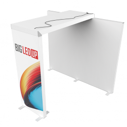 Promotiontheke mit bedrucktem Paneel – mobiler Counter für Messen Weiße Promotiontheke mit bedrucktem Frontpaneel in buntem Design