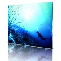 Große Messestand-Rückwand mit blauem Unterwasser-Motiv und Taucher