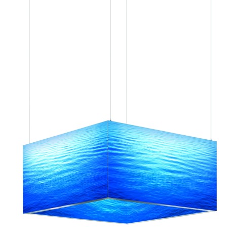 Eckdisplay mit Unterwasser-Motiv – auffällige Präsentationslösung für Messen Eckiges Messedisplay mit blauem Unterwasser-Motiv, als 90-Grad-Aufbau