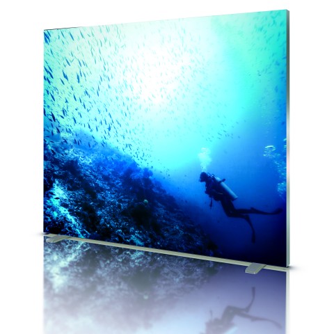 LED-Leuchtwand mit Unterwasser-Motiv – modernes Display für Messen und Ausstellungen LED-Leuchtwand mit großflächigem Unterwasser-Motiv und Taucher, aufgestellt als Messe- oder Ausstellungsdisplay