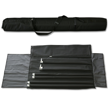 Transporttasche mit Gestänge – mobiles Zubehör für Messe- und Displayaufbauten Schwarze Transporttasche mit mehreren Stangen und Gestänge-Elementen für mobile Displays